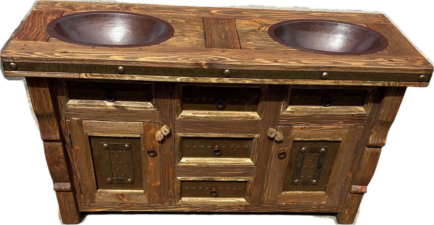 Beautiful Rustic Wirebrush Vanity 2 oval copper sinks.