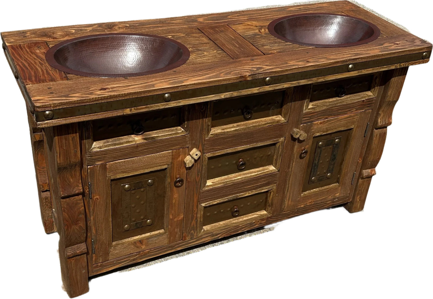Beautiful Rustic Wirebrush Vanity 2 oval copper sinks.