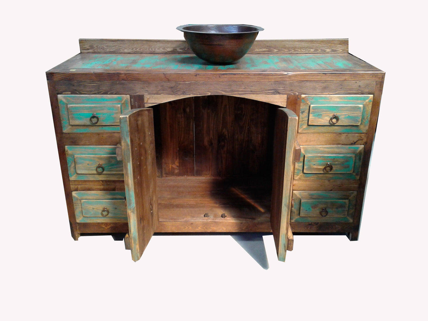 Rustic Turquoise Washed Curved Doors Bathroom Vanity