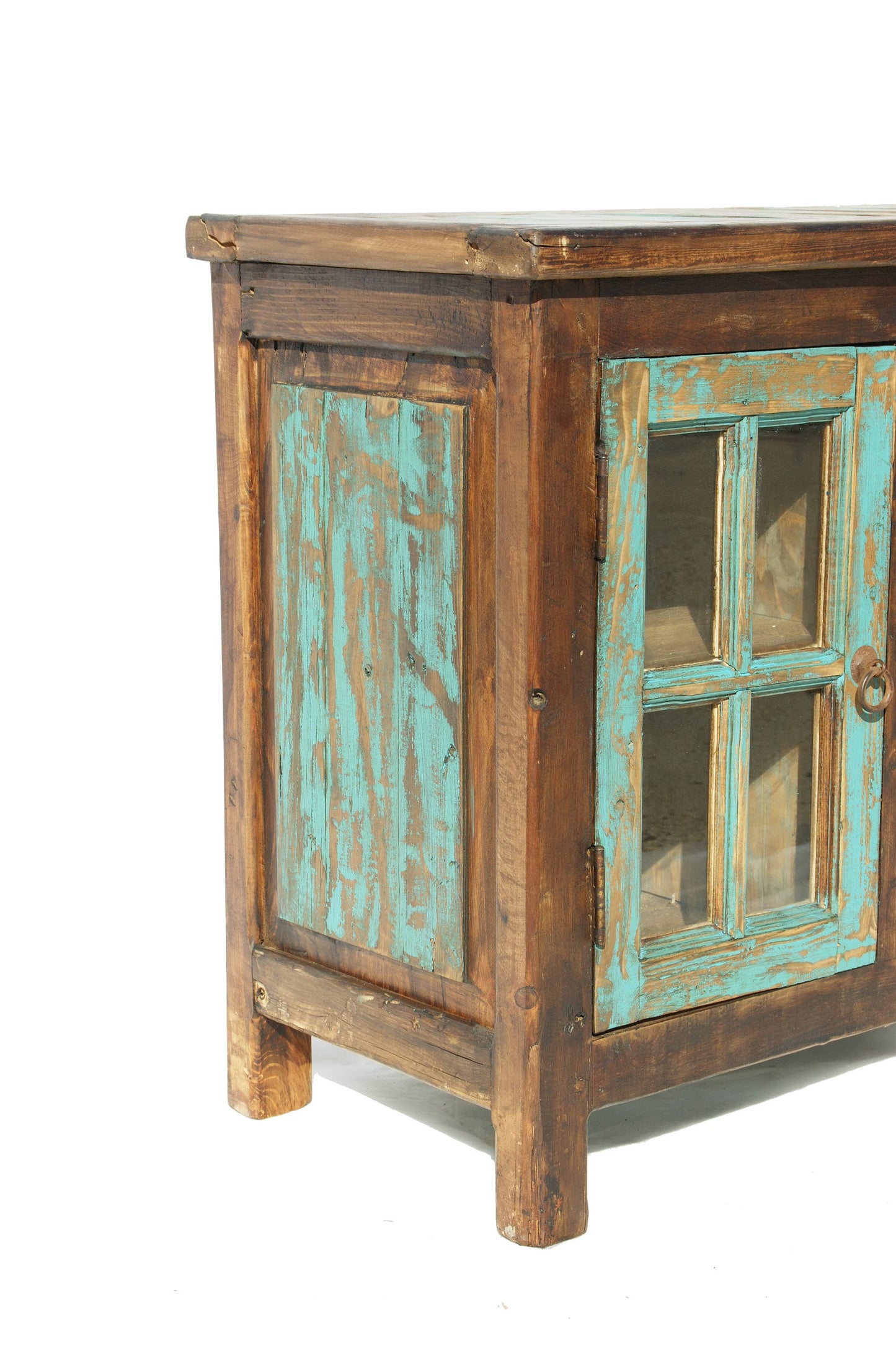 Rustic Glass Door Bathroom Vanity, Turquoise, False Top Drawer