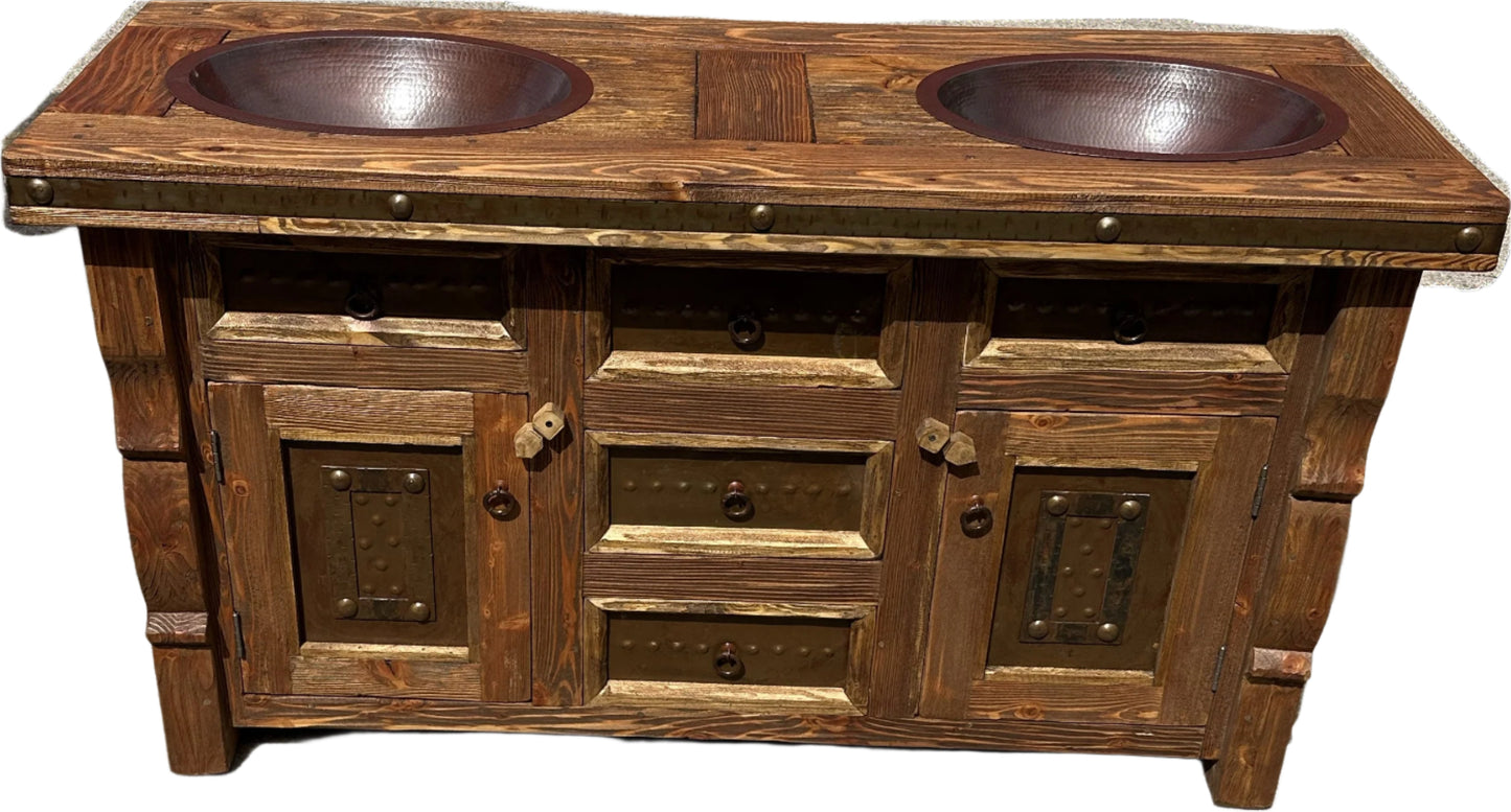 Beautiful Rustic Wirebrush Vanity 2 oval copper sinks.