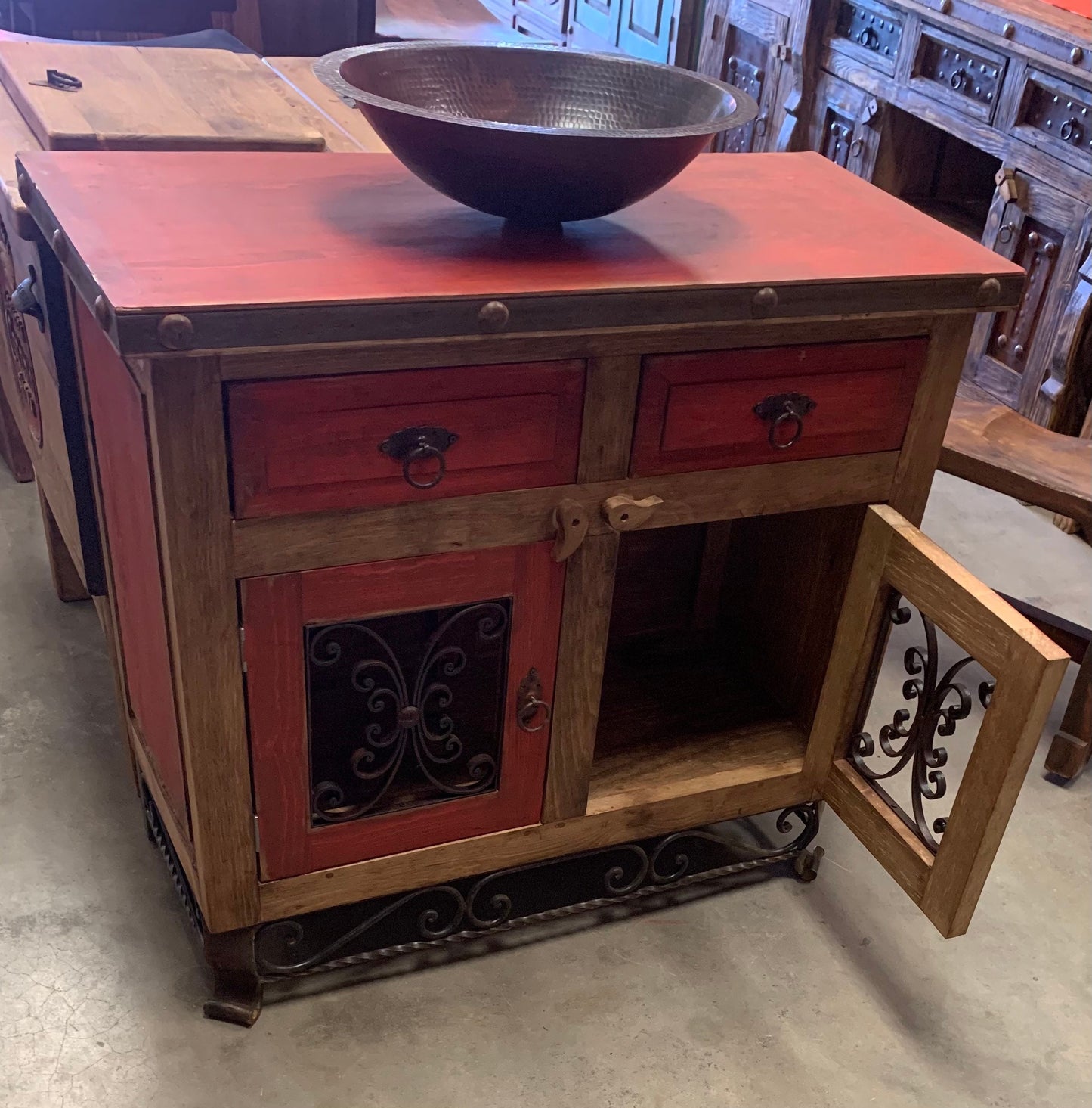 Red iron leg vanity