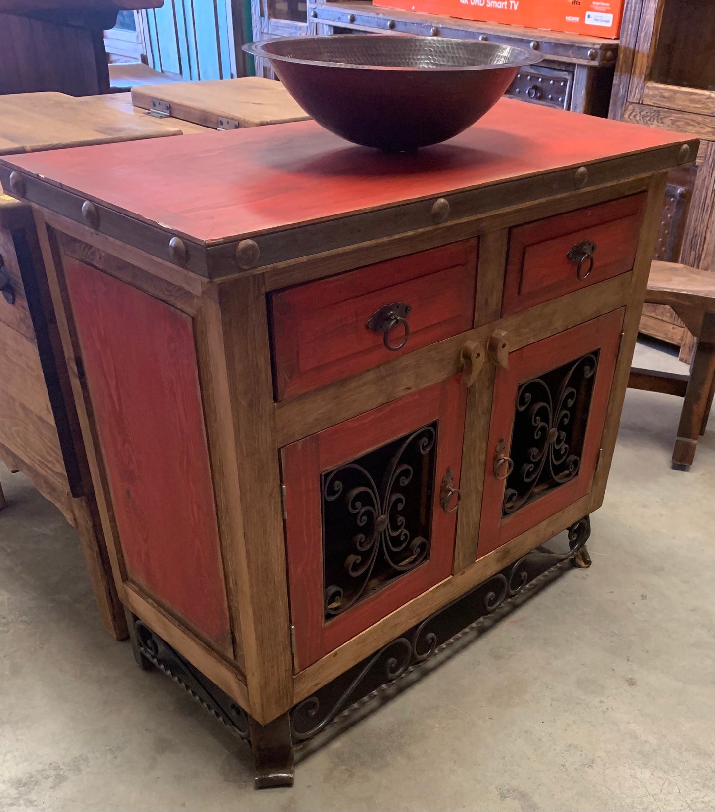 Red iron leg vanity