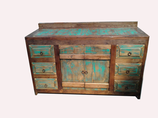 Rustic Turquoise Washed Curved Doors Bathroom Vanity