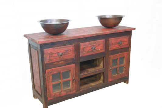 Red Wash Rustic Reclaimed Wood Bathroom Vanity With Storage Cabinet, 60x20