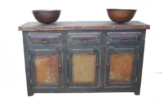 Rustic Black Wash Metal Doors Bathroom Vanity/ Buffet Cabinet