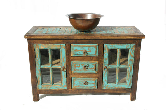 Rustic Glass Door Bathroom Vanity, Turquoise, False Top Drawer